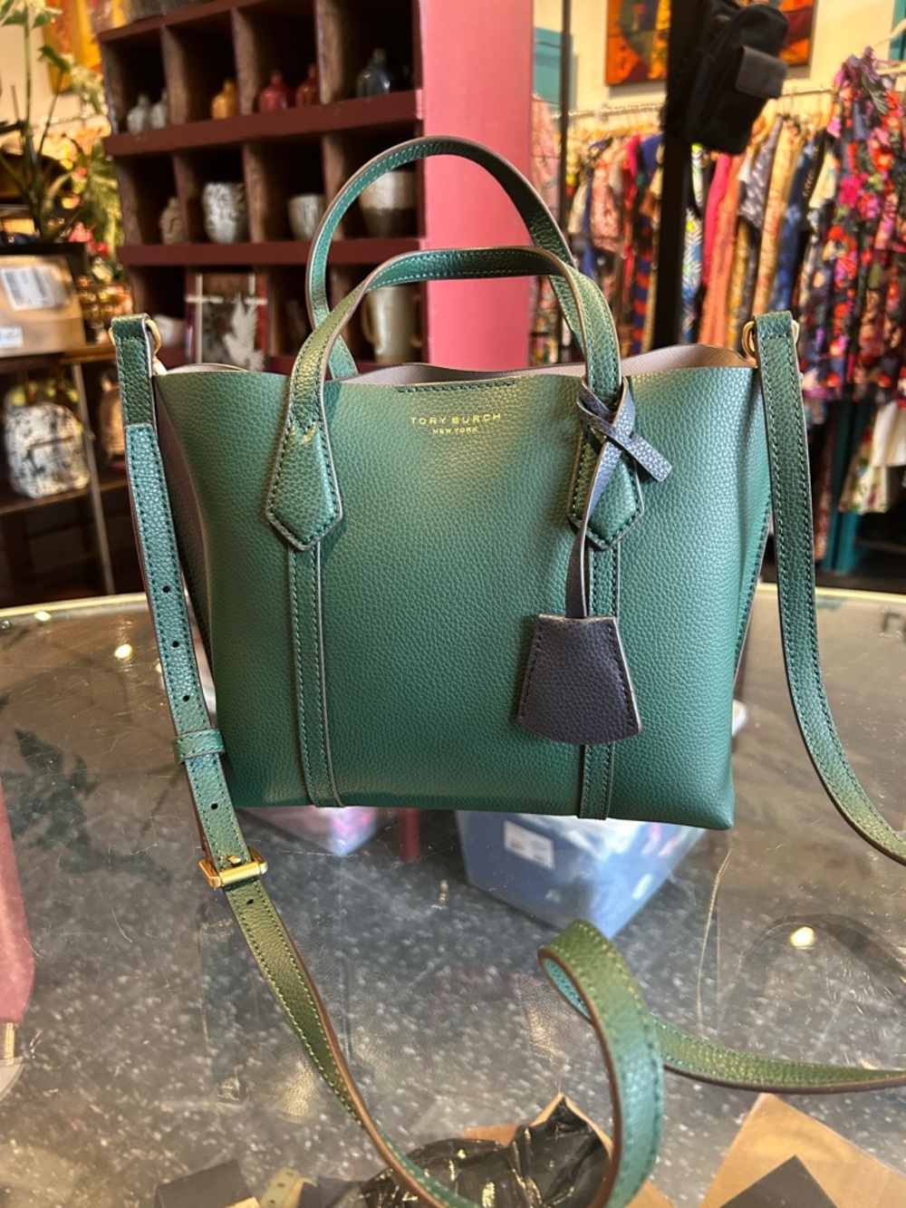 Tory Burch Green Leather Satchel with Black Tag